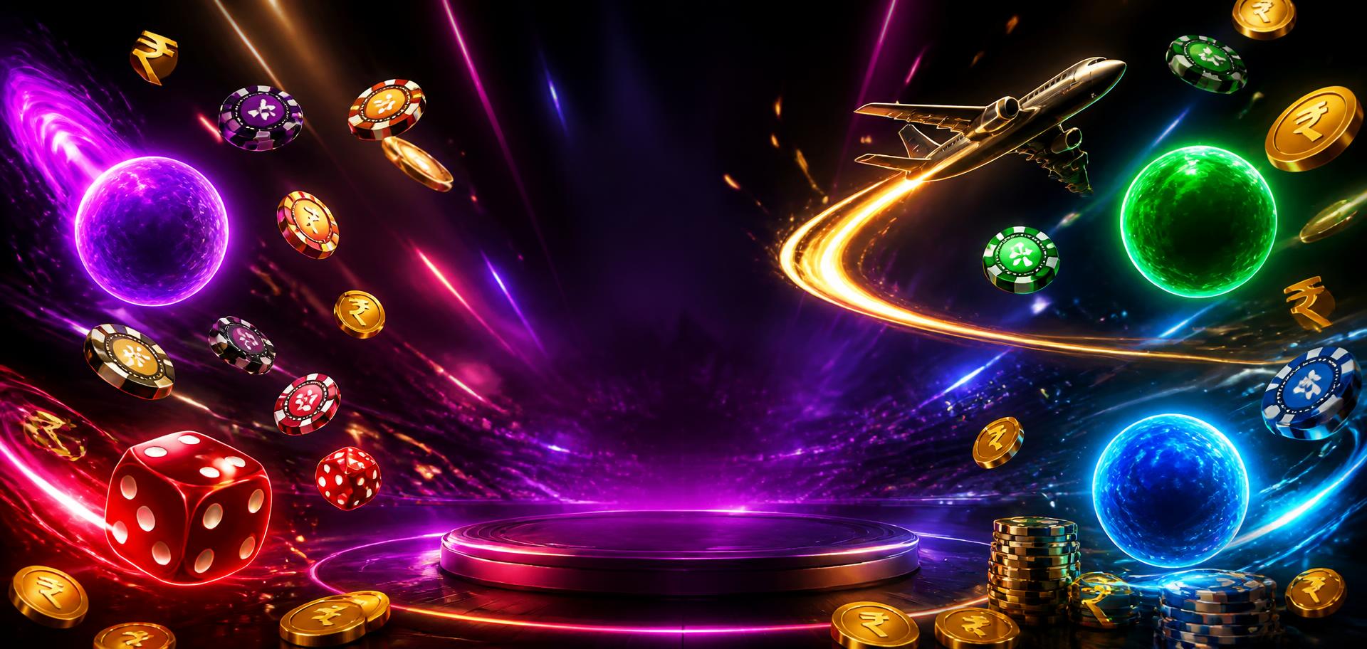 Jalwa Game neon gaming arena with dice, casino chips and prediction orbs